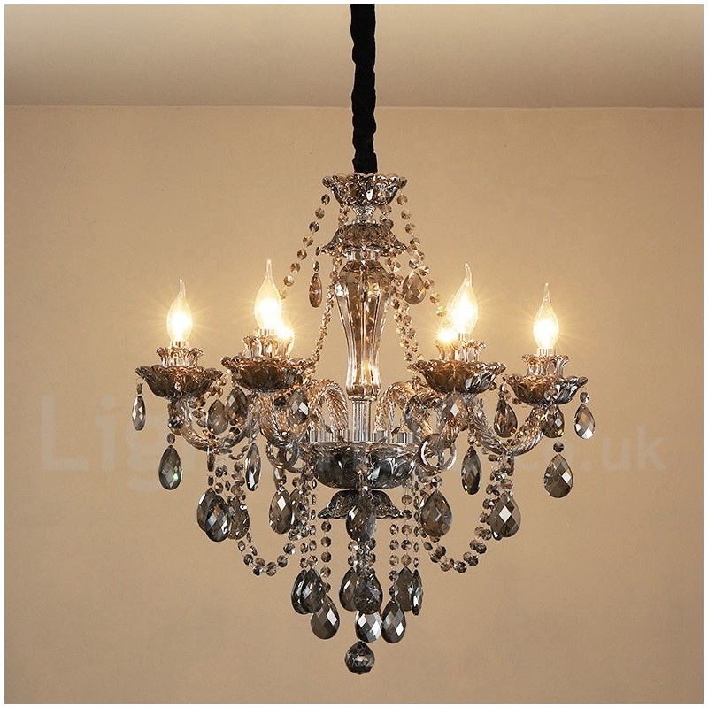 Lámpara de araña grande de cristal K9 de 6 luces, color gris retro