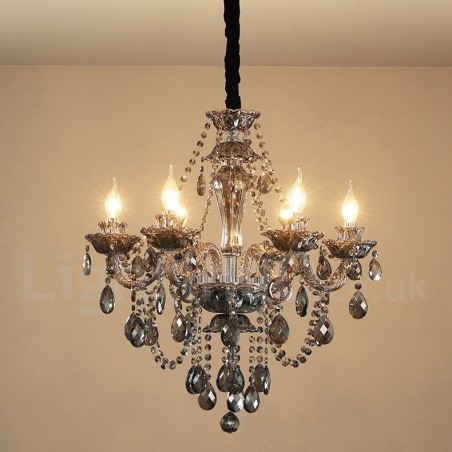 Lámpara de araña grande de cristal K9 de 6 luces, color gris retro Lámpara de araña grande de cristal K9 de 6 luces, color gris retro