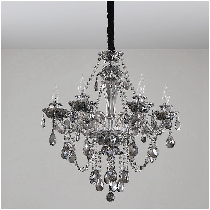 Lámpara de araña grande de cristal K9 de 6 luces, color gris retro