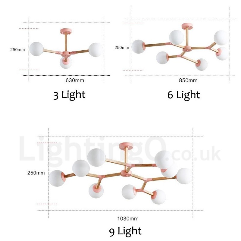 Lámpara de araña nórdica moderna de madera con diseño de frijol mágico y moléculas de madera con pantallas de vidrio.