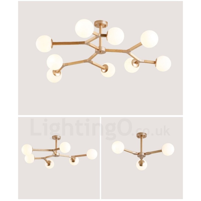 Lámpara de araña nórdica moderna de madera con diseño de frijol mágico y moléculas de madera con pantallas de vidrio.