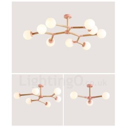 Lámpara de araña nórdica moderna de madera con diseño de frijol mágico y moléculas de madera con pantallas de vidrio.
