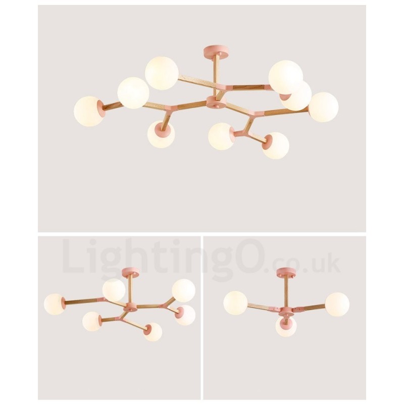 Lámpara de araña nórdica moderna de madera con diseño de frijol mágico y moléculas de madera con pantallas de vidrio.
