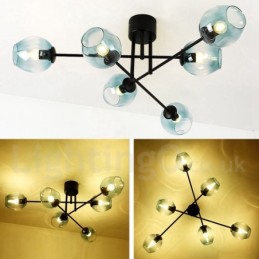 Lámpara de araña rústica de acero inoxidable de 6 luces con pantallas de vidrio transparente o azul