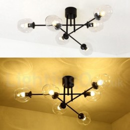 Lámpara de araña rústica de acero inoxidable de 6 luces con pantallas de vidrio transparente o azul
