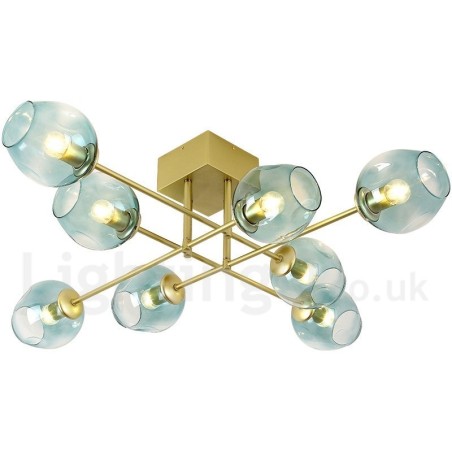 Lámpara de araña rústica de acero inoxidable de 8 luces con pantallas de vidrio transparente o azul Lámpara de araña rústica de acero inoxidable de 8 luces con pantallas de vidrio transparente o azul