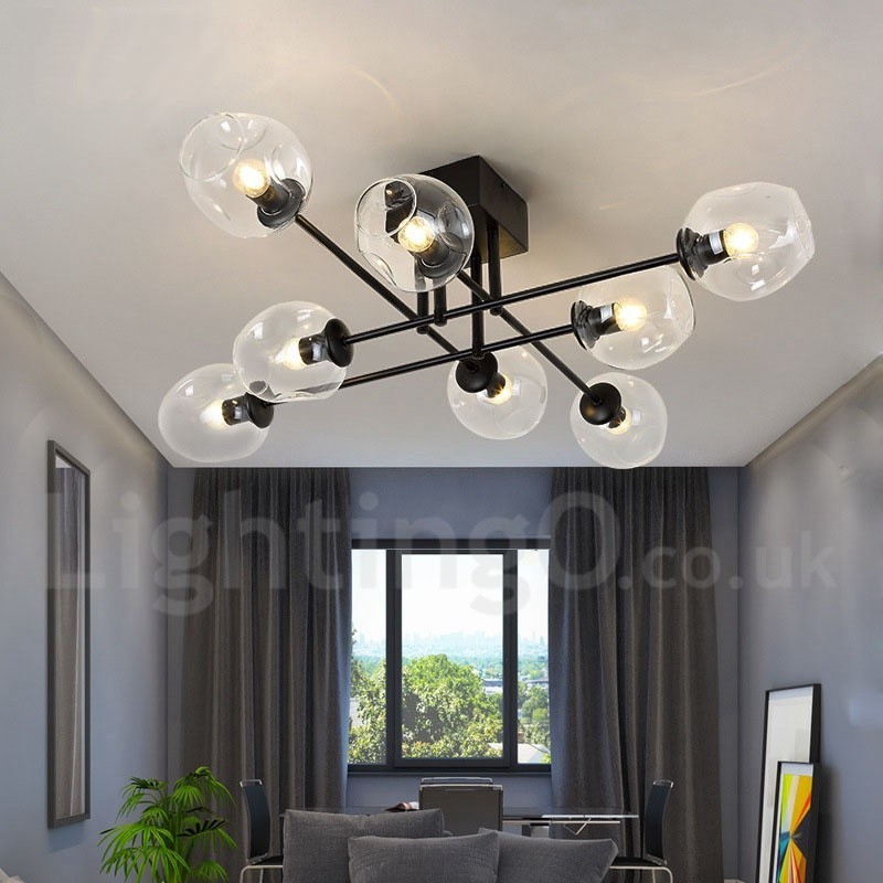 Lámpara de araña rústica de acero inoxidable de 8 luces con pantallas de vidrio transparente o azul