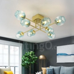 Lámpara de araña rústica de acero inoxidable de 8 luces con pantallas de vidrio transparente o azul