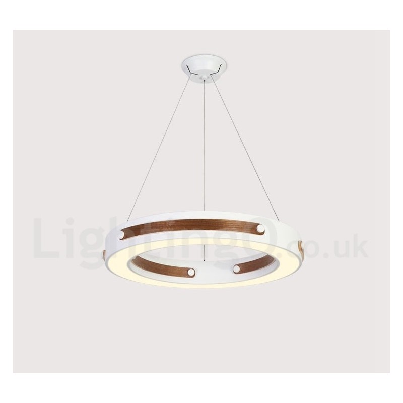 Lámpara colgante moderna contemporánea con forma de anillo en varios colores de madera y pantalla acrílica