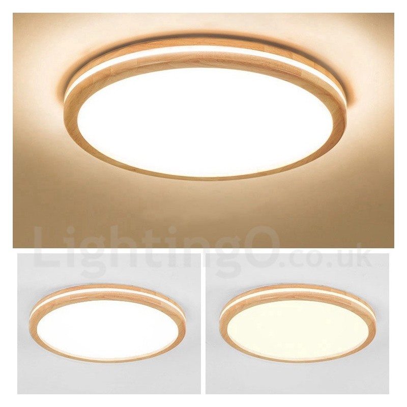 Lámpara de techo de madera redonda regulable con lente, moderna, contemporánea, de estilo nórdico, empotrada, con pantalla acrílica y control remoto. También se puede usar como luz de pared.
