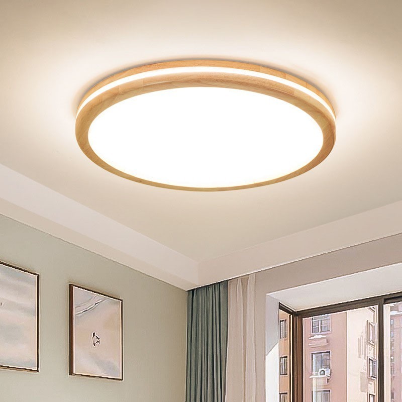 Lámpara de techo de madera redonda regulable con lente, moderna, contemporánea, de estilo nórdico, empotrada, con pantalla acrílica y control remoto. También se puede usar como luz de pared.