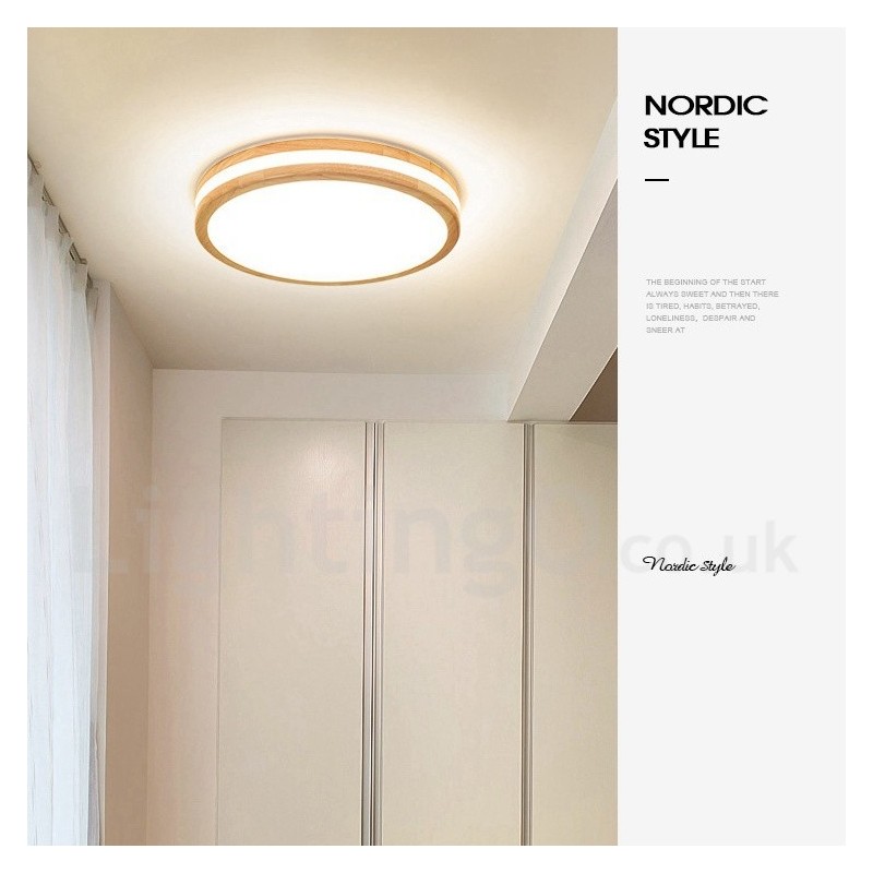 Lámpara de techo de madera redonda regulable con lente, moderna, contemporánea, de estilo nórdico, empotrada, con pantalla acrílica y control remoto. También se puede usar como luz de pared.