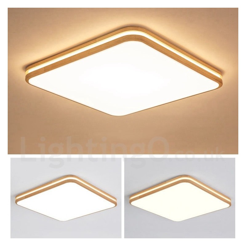 Lámpara de techo empotrada de madera cuadrada con lente, moderna, contemporánea, estilo nórdico, con pantalla acrílica y control remoto. También se puede usar como luz de pared.