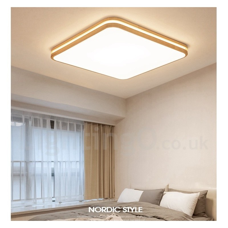 Lámpara de techo empotrada de madera cuadrada con lente, moderna, contemporánea, estilo nórdico, con pantalla acrílica y control remoto. También se puede usar como luz de pared.