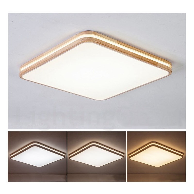 Lámpara de techo empotrada de madera cuadrada con lente, moderna, contemporánea, estilo nórdico, con pantalla acrílica y control remoto. También se puede usar como luz de pared.