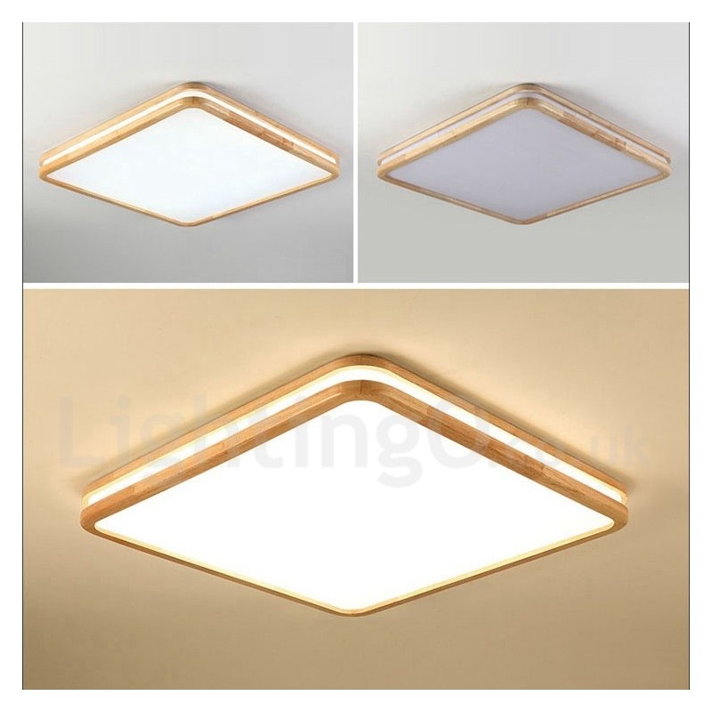 Lámpara de techo empotrada de madera cuadrada con lente, moderna, contemporánea, estilo nórdico, con pantalla acrílica y control remoto. También se puede usar como luz de pared.