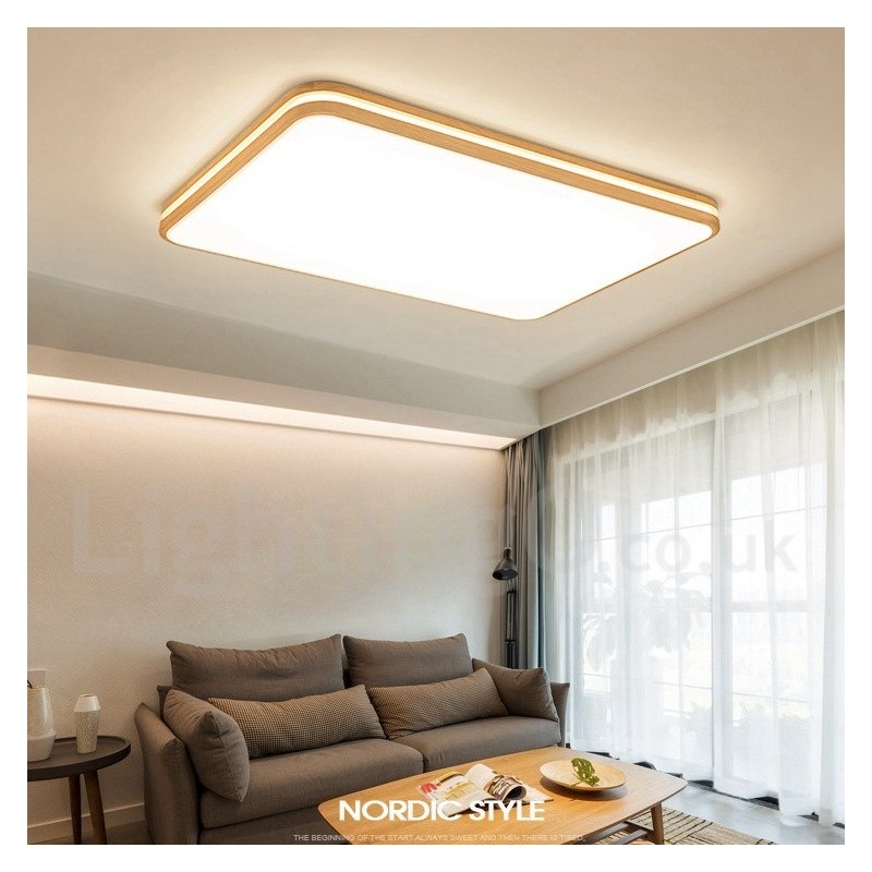 Lámpara de techo de madera rectangular regulable con lente, moderna, contemporánea, de estilo nórdico, empotrada, con pantalla acrílica y control remoto. También se puede usar como luz de pared.