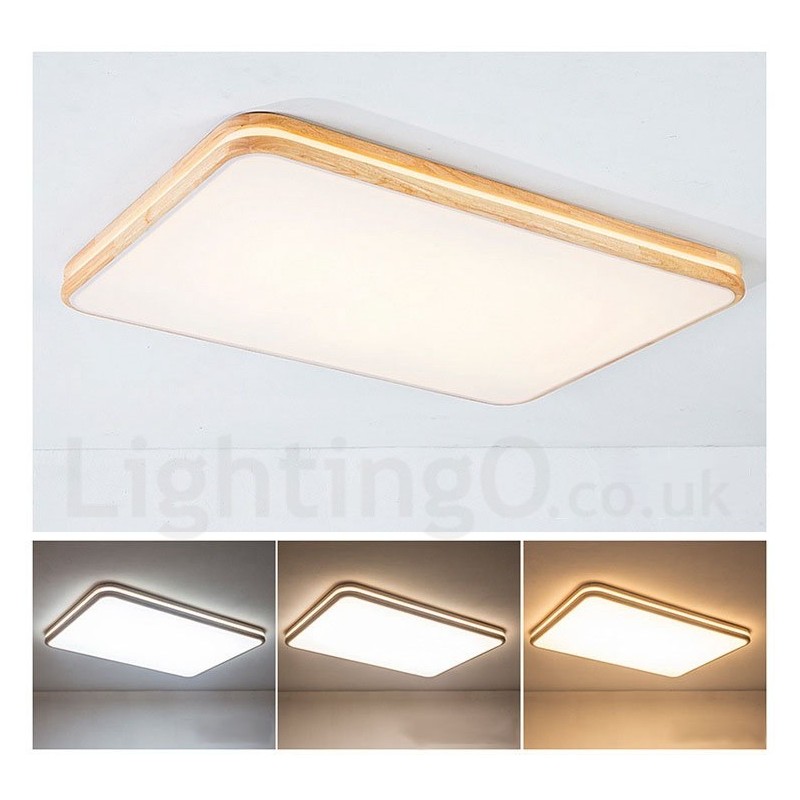 Lámpara de techo de madera rectangular regulable con lente, moderna, contemporánea, de estilo nórdico, empotrada, con pantalla acrílica y control remoto. También se puede usar como luz de pared.