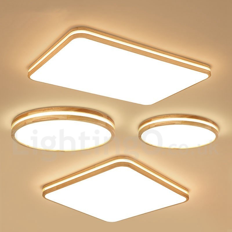 Lámpara de techo de madera rectangular regulable con lente, moderna, contemporánea, de estilo nórdico, empotrada, con pantalla acrílica y control remoto. También se puede usar como luz de pared.