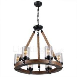 Lámpara de araña de madera vintage con 6 anillos de luz, estilo industrial, estilo loft, colgante lineal de madera.