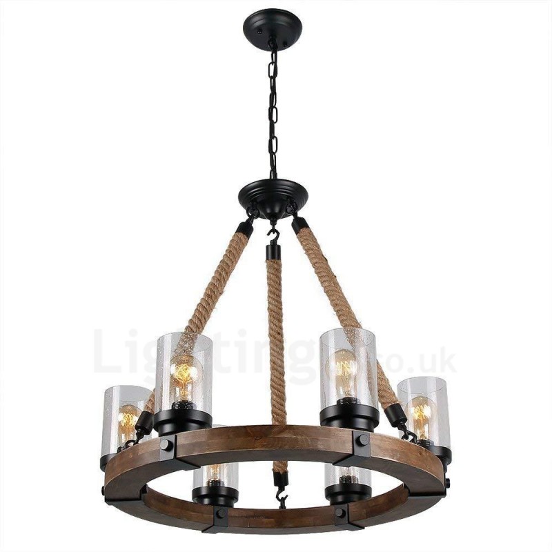 Lámpara de araña de madera vintage con 6 anillos de luz, estilo industrial, estilo loft, colgante lineal de madera.