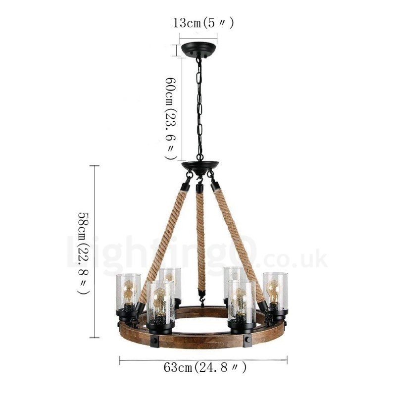 Lámpara de araña de madera vintage con 6 anillos de luz, estilo industrial, estilo loft, colgante lineal de madera.