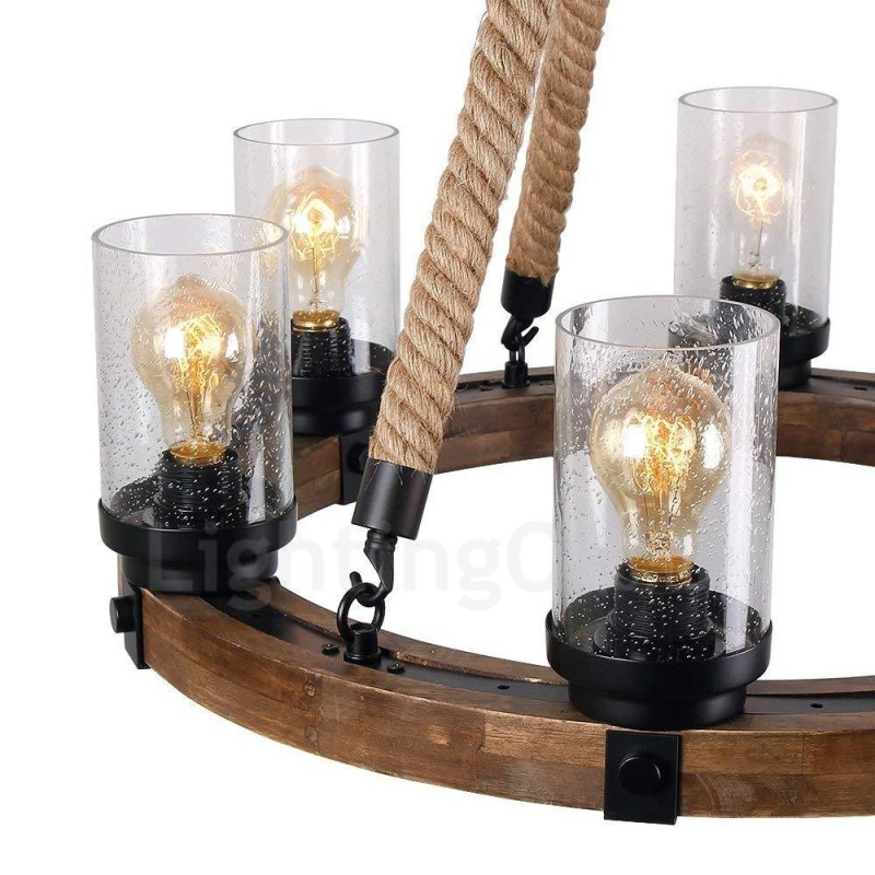 Lámpara de araña de madera vintage con 6 anillos de luz, estilo industrial, estilo loft, colgante lineal de madera.