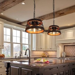 Lámpara de araña de madera vintage con 3 anillos de luz, estilo industrial, estilo loft, colgante lineal de madera.