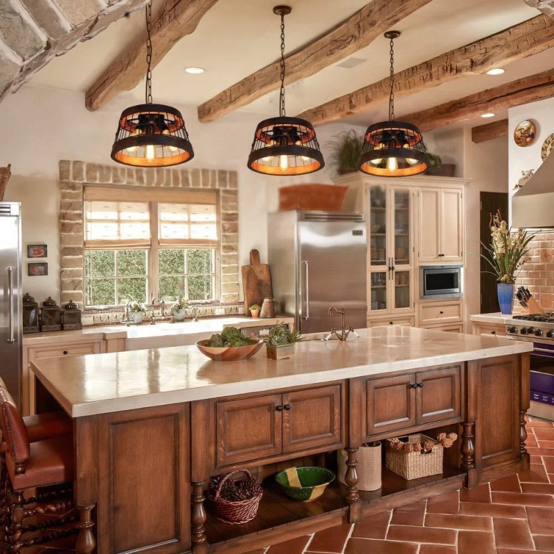 Lámpara de araña de madera vintage con 3 anillos de luz, estilo industrial, estilo loft, colgante lineal de madera.