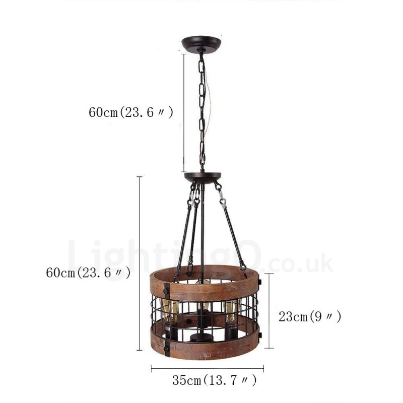 Lámpara colgante de madera vintage de 3 luces con forma de tambor, estilo industrial, estilo loft, de madera, estilo lineal.