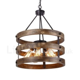 Lámpara colgante de madera vintage con 5 luces, estilo industrial, estilo loft, de madera, con forma de tambor.