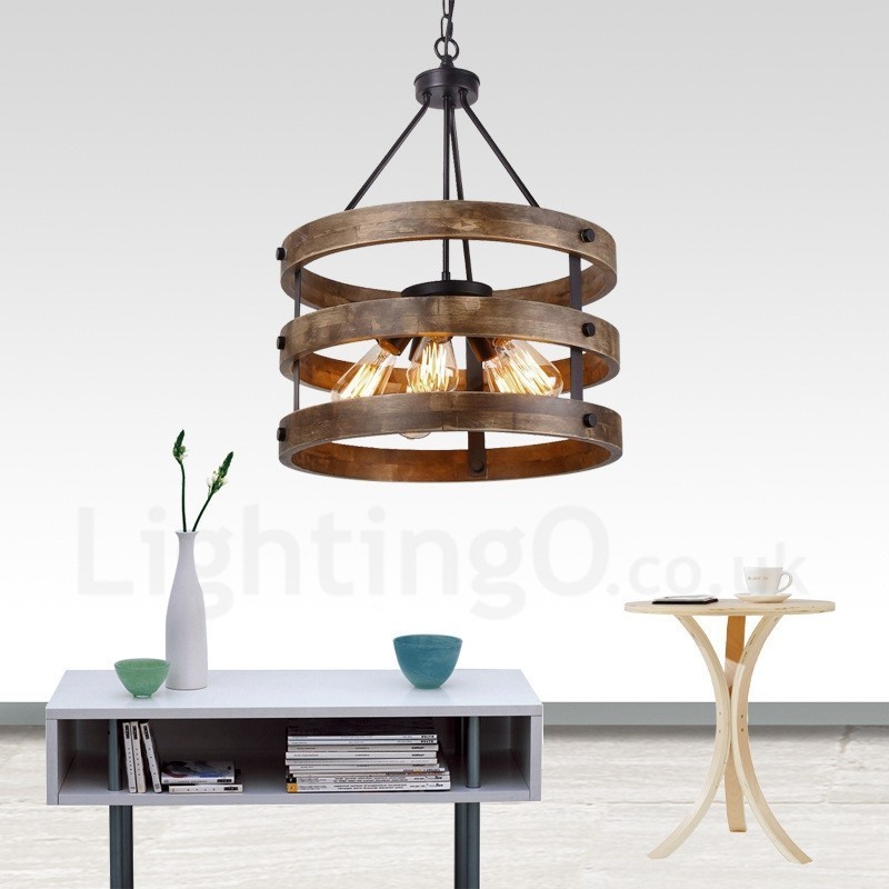 Lámpara colgante de madera vintage con 5 luces, estilo industrial, estilo loft, de madera, con forma de tambor.