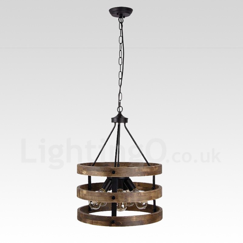 Lámpara colgante de madera vintage con 5 luces, estilo industrial, estilo loft, de madera, con forma de tambor.