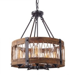 Lámpara colgante de madera vintage con 5 luces, estilo industrial, estilo loft, de madera, con forma de tambor.