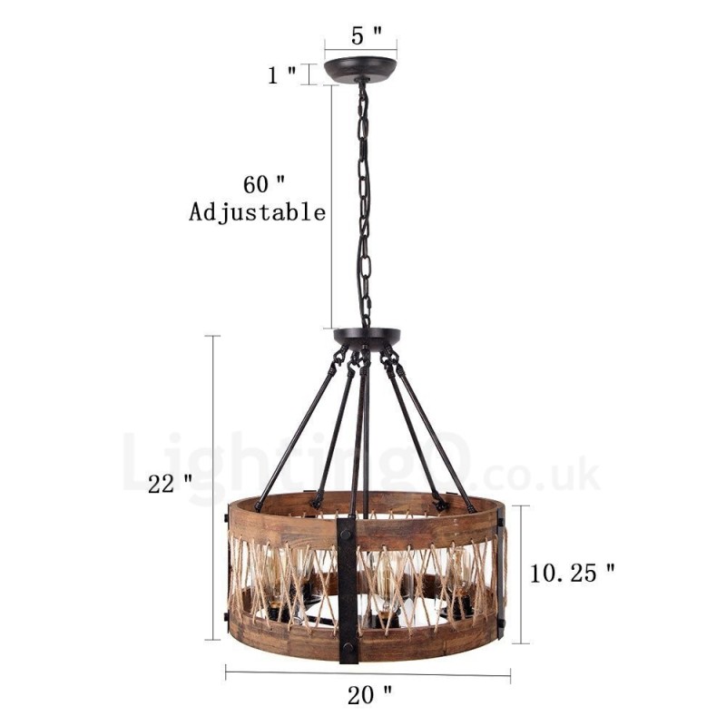 Lámpara colgante de madera vintage con 5 luces, estilo industrial, estilo loft, de madera, con forma de tambor.