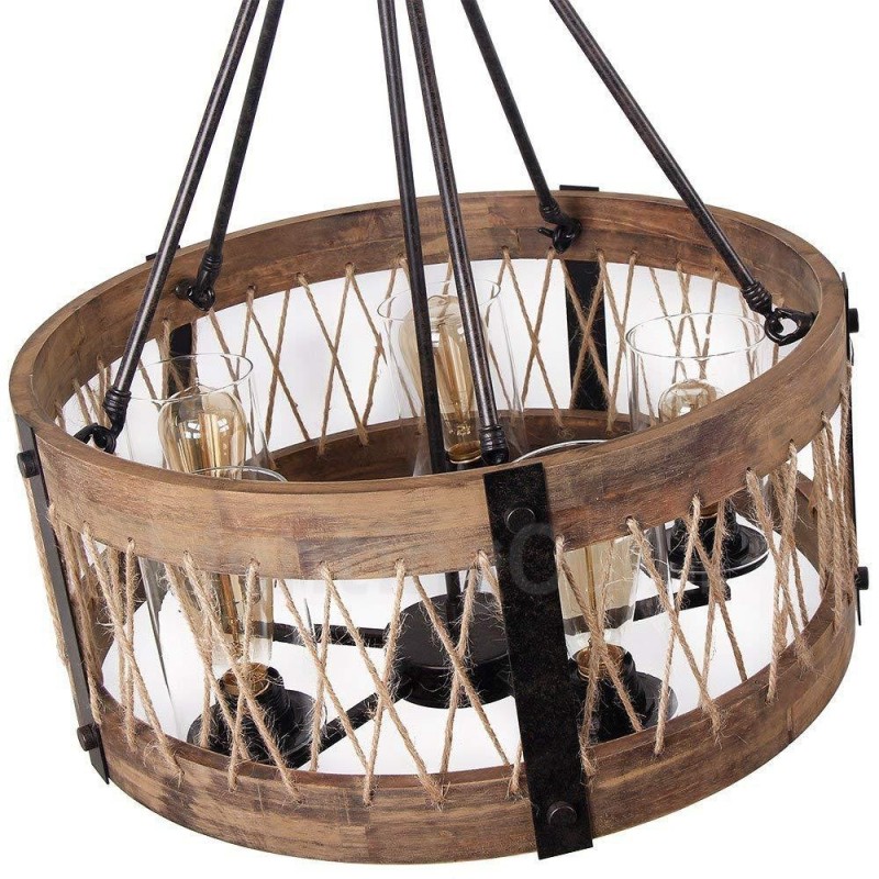 Lámpara colgante de madera vintage con 5 luces, estilo industrial, estilo loft, de madera, con forma de tambor.