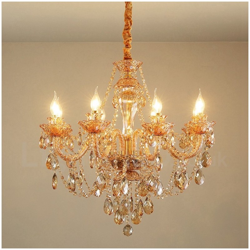 Lámpara de araña elegante de cristal con 8 luces de color ámbar y dorado