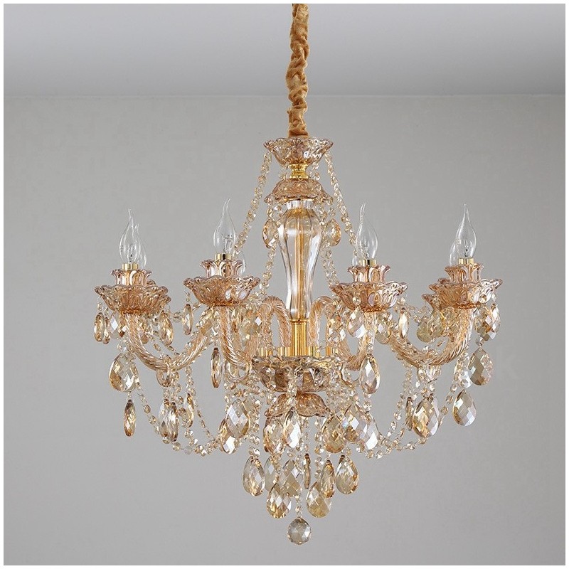 Lámpara de araña elegante de cristal con 8 luces de color ámbar y dorado