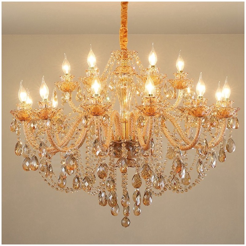 Candelabro de cristal elegante de 18 (12+6) luces ámbar doradas