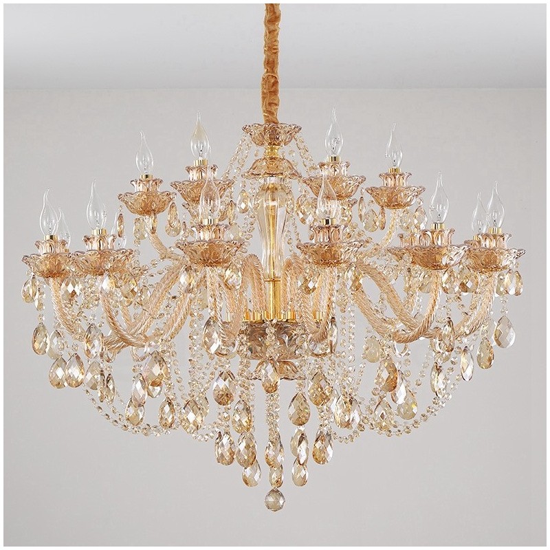 Candelabro de cristal elegante de 18 (12+6) luces ámbar doradas