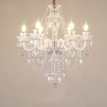 Candelabro de cristal transparente de 6 luces con diseño especial y brazos blancos Candelabro de cristal transparente de 6 luces con diseño especial y brazos blancos
