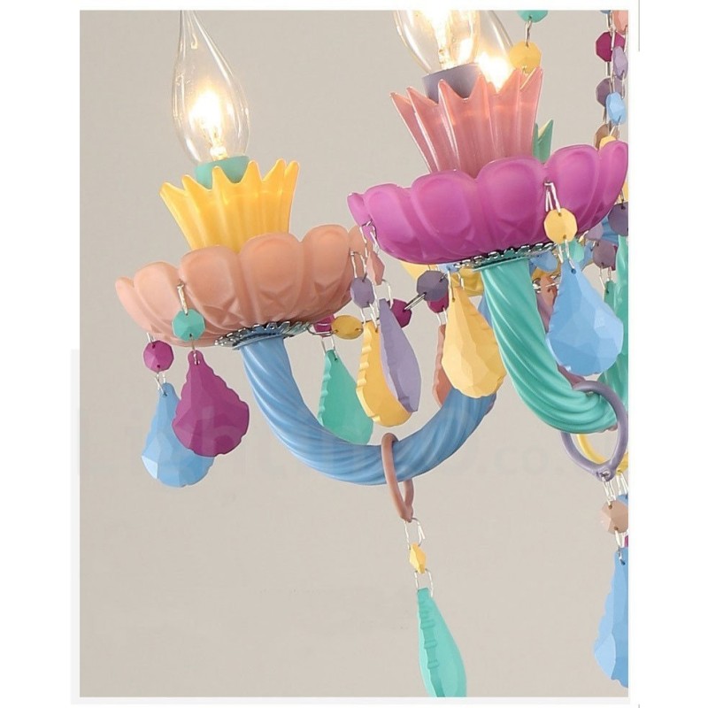 Lámpara de araña Macaron de 6 luces con vela de cristal multicolor, estilo mini para niños.