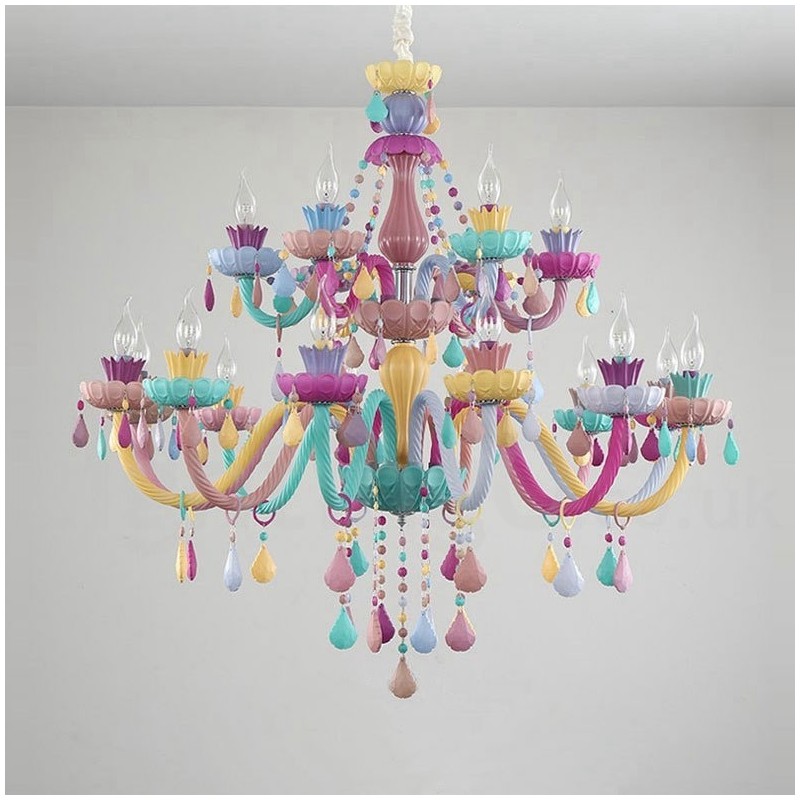 Lámpara de araña Macaron de 18 (12+6) luces con vela de cristal multicolor, estilo mini para niños.