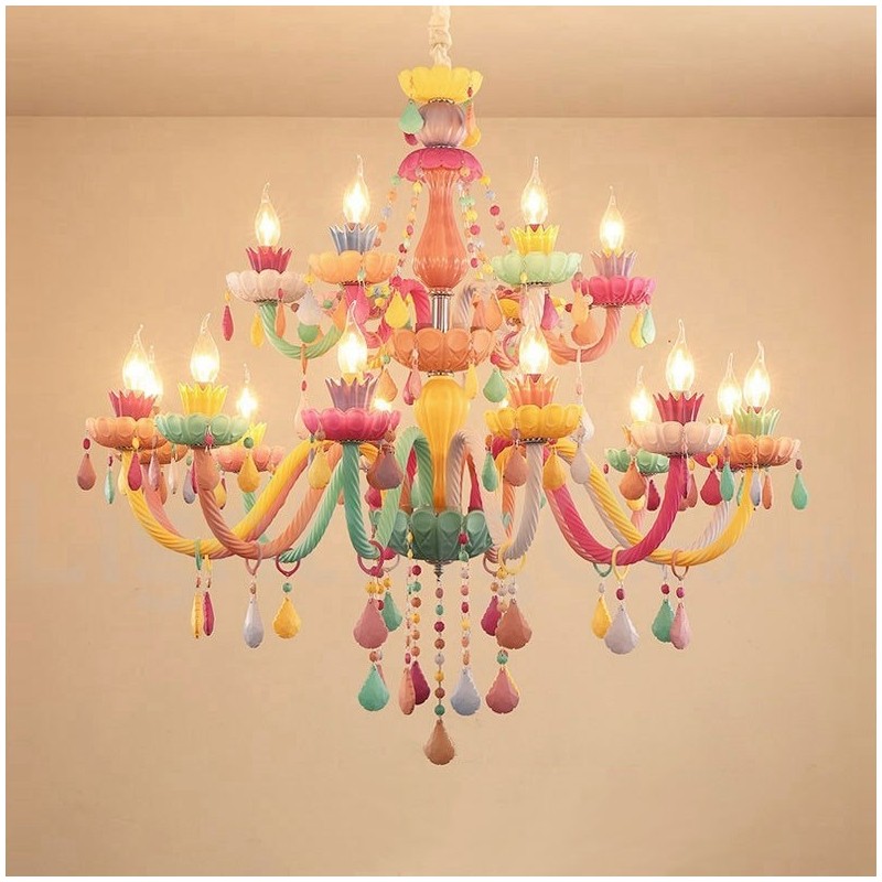 Lámpara de araña Macaron de 18 (12+6) luces con vela de cristal multicolor, estilo mini para niños.