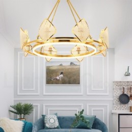 Lámpara colgante de cristal K9 redonda de lujo posmoderna dorada con pantalla acrílica para sala de exposiciones