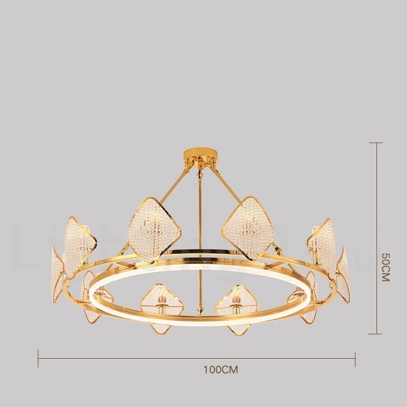 Lámpara colgante de cristal K9 redonda de lujo posmoderna dorada con pantalla acrílica para sala de exposiciones
