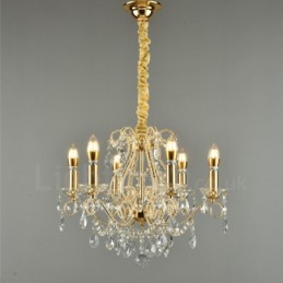 Lámpara colgante de cristal estilo americano de 6 luces doradas y plateadas.
