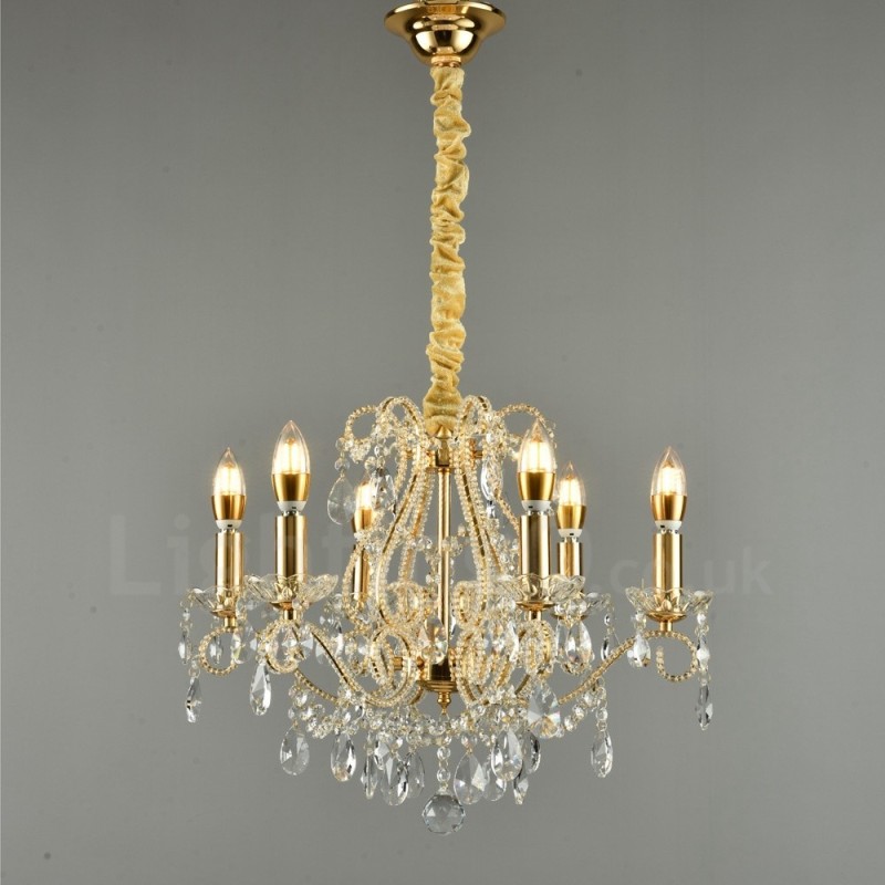 Lámpara colgante de cristal estilo americano de 6 luces doradas y plateadas.
