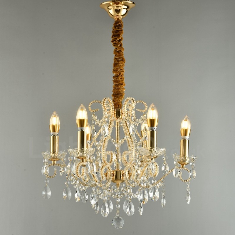 Lámpara colgante de cristal estilo americano de 6 luces doradas y plateadas.