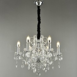 Lámpara colgante de cristal estilo americano de 6 luces doradas y plateadas.